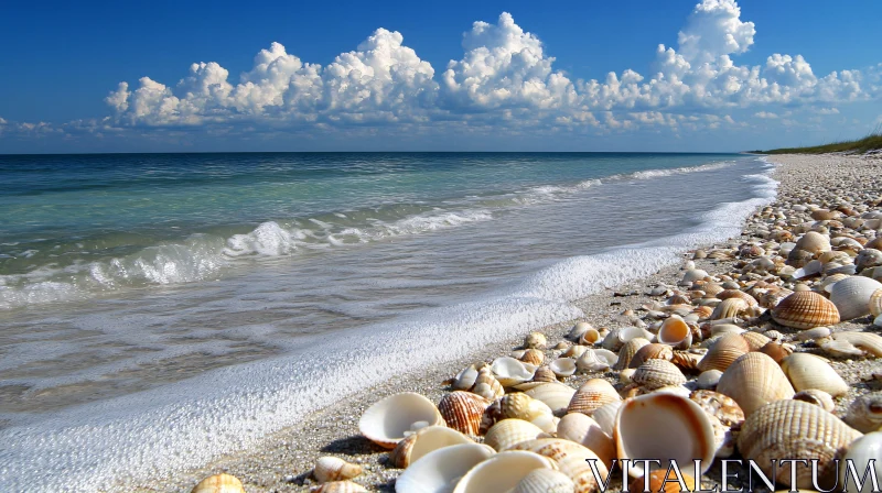 AI ART Serene Beach Scene with Seashells and Ocean Waves