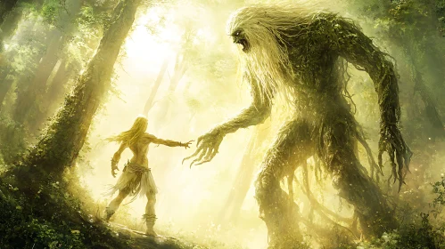 Ancient Mythical Creature Meets Human in Forest