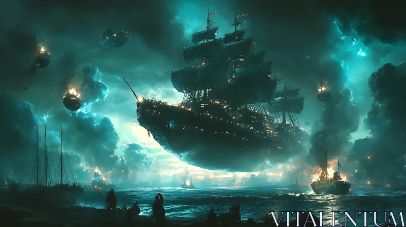 Floating Ship and Night Sea AI Image