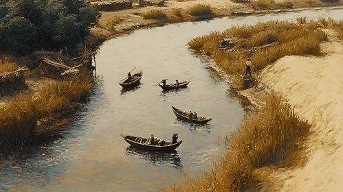 Fishermen Navigating Tranquil River Waters