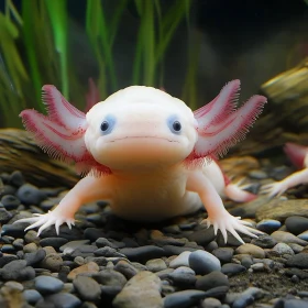 Pink Axolotl with Feathery Gills in Underwater Setting