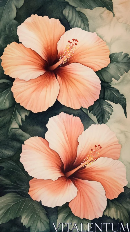 Peach Hibiscus Blooms AI Image