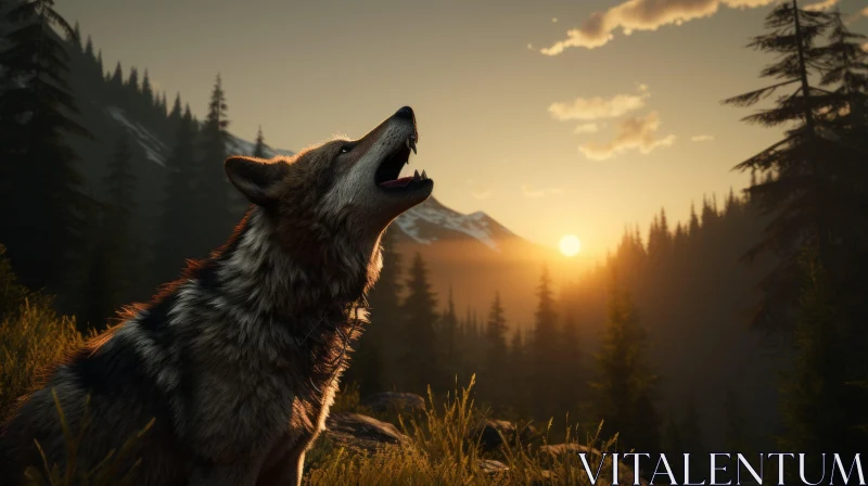 Wolf Howling at Sunset - A Wild Encounter in the Wilderness AI Image