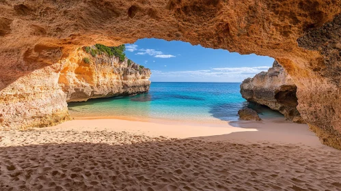 Sandy Beach and Azure Waters Framed by a Sea Cave