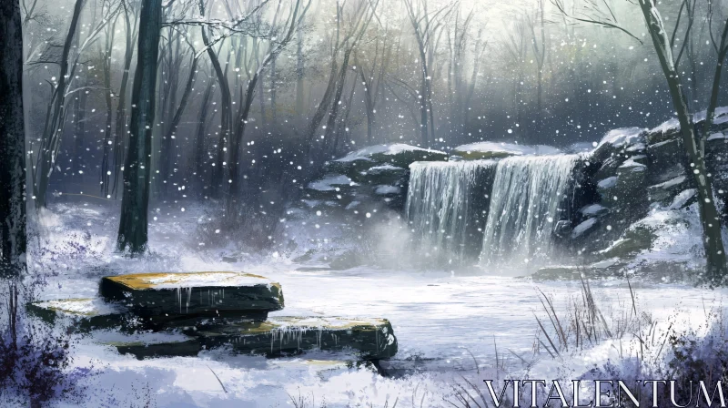 AI ART Calm Winter Waterfall in a Snowy Forest