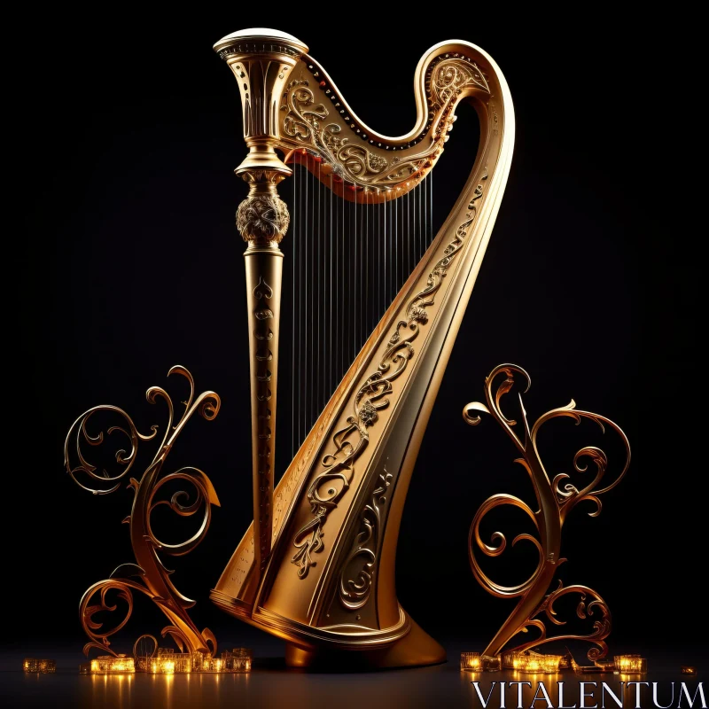 AI ART 3D Golden Harp on Black Background: Artistic Balance and Harmony