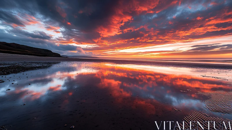 AI ART Fiery Beach Sunset with Mirrored Sky