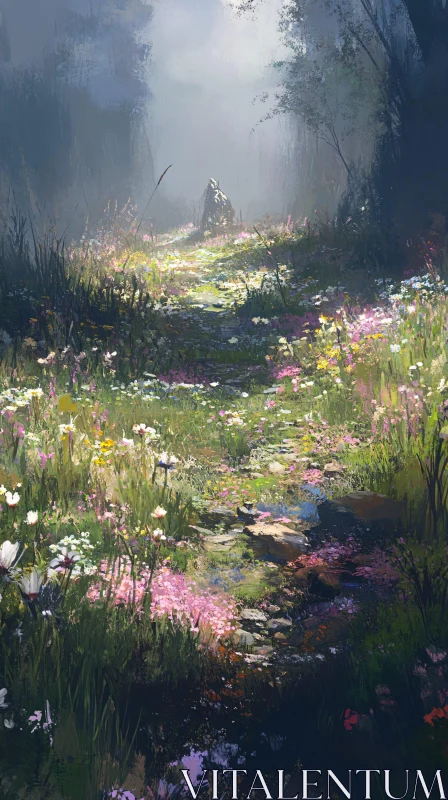 AI ART Serene Forest Scene with Sunlit Wildflowers