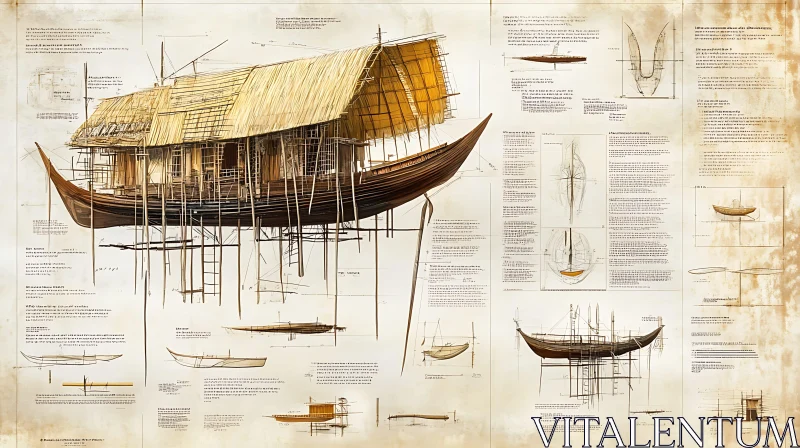 Intricate Design of a Wooden Boat with Thatched Roof AI Image