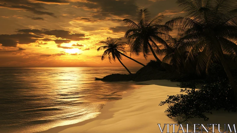 Golden Hour on Tropical Beach with Palm Trees AI Image