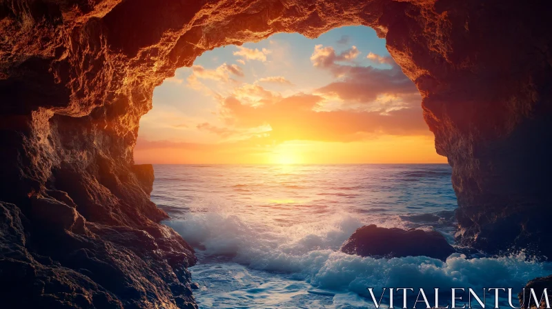 AI ART Golden Sunset through Sea Cave