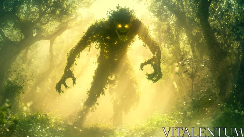 Glowing-Eyed Foliage Monster in the Forest AI Image