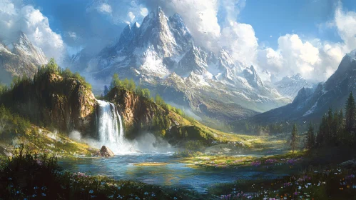 Enchanting Natural Scenery with Mountains and Waterfalls