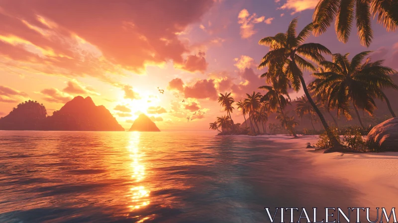 Tropical Sunset Beach with Palm Trees and Islands AI Image