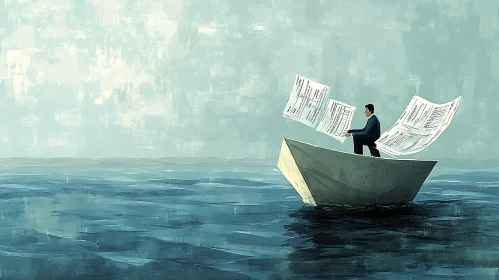 Businessman Reflecting on Paper Boat in Calm Waters