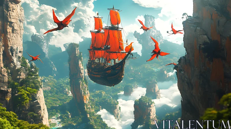 Fantasy Flying Ship with Dragons AI Image