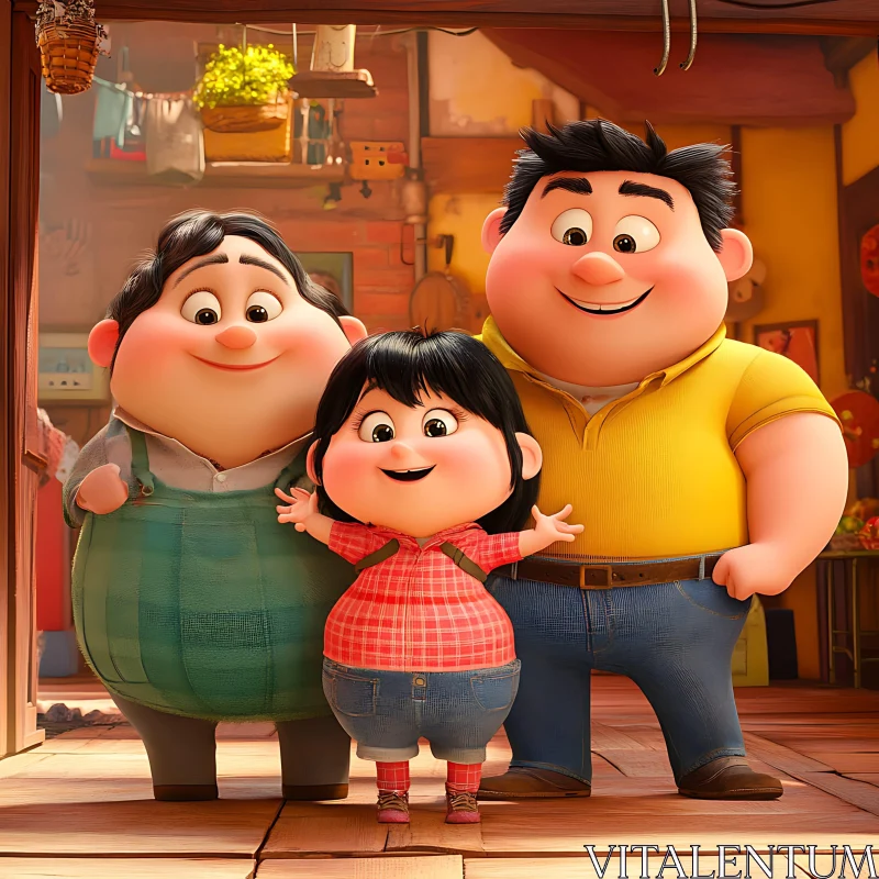 Cheerful Cartoon Family in a Warm Kitchen Environment AI Image