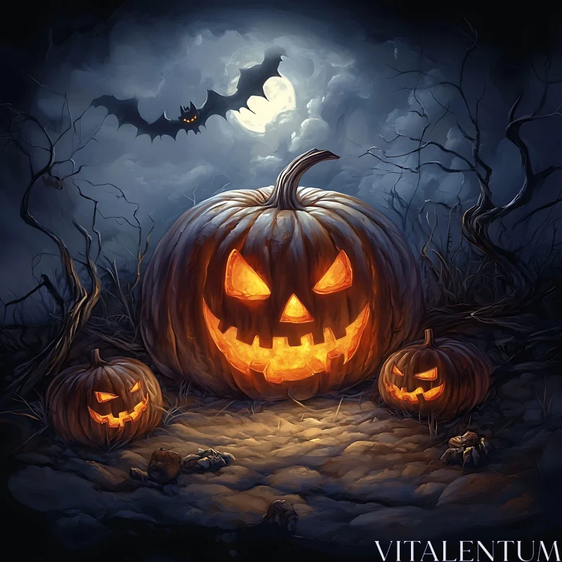 Spooky Jack-o'-Lanterns Under Moonlit Night AI Image