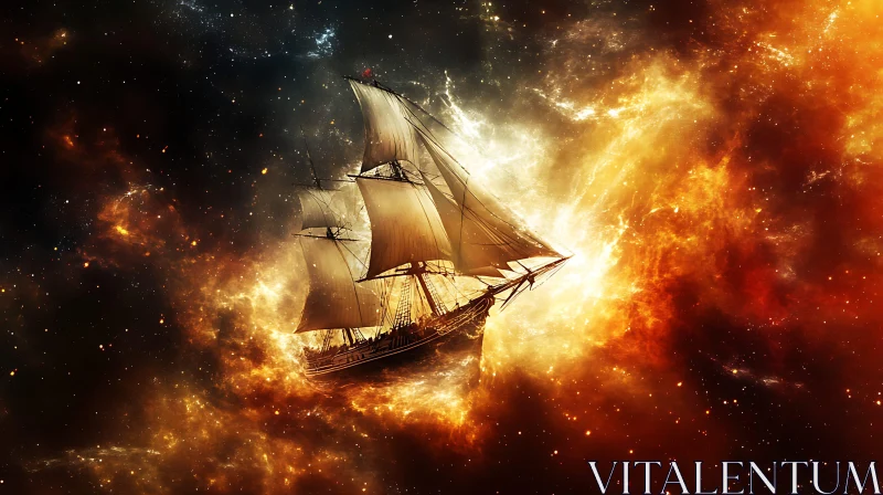 Cosmic Sailing Vessel Amidst Fiery Nebula AI Image