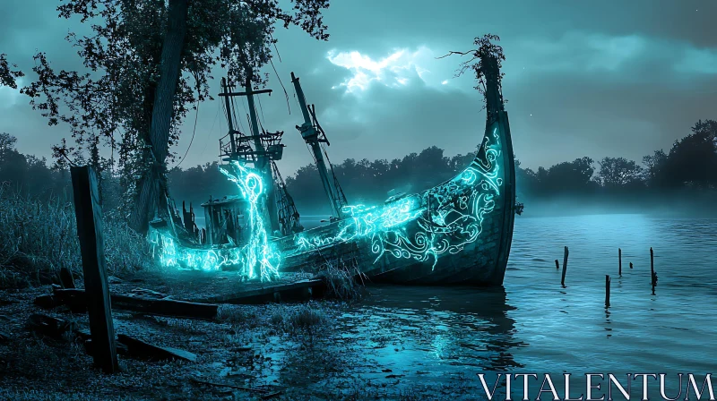 AI ART Enchanted Glowing Ship on a Misty Lake