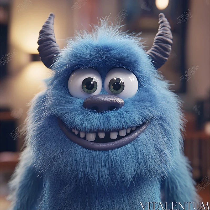 AI ART Cute Blue Furry Monster with Big Eyes and Horns