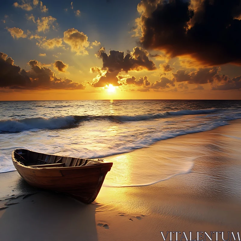 Tranquil Beach Sunset Featuring a Wooden Rowboat AI Image