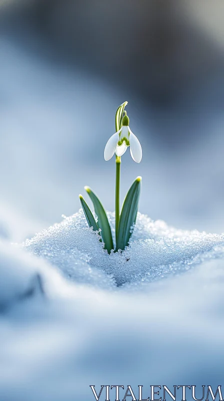 Delicate Snowdrop Blooming in Snowy Landscape AI Image