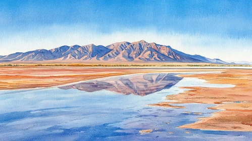 Peaceful Watercolor Mountain and Water Reflection