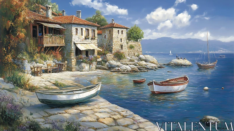 Rustic Seaside Village with Moored Boats AI Image