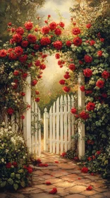 White Picket Gate Adorned with Red Roses