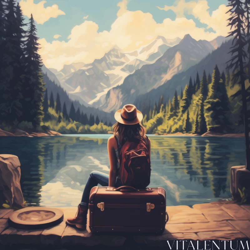 Traveler by the Lake: A Vintage Adventure Mural AI Image