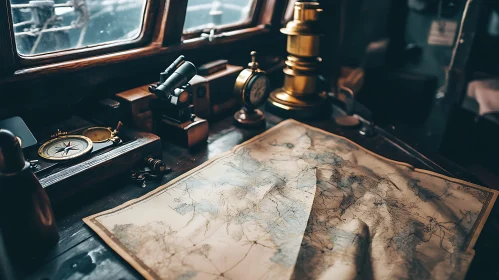 Vintage Navigation Instruments on Wooden Desk