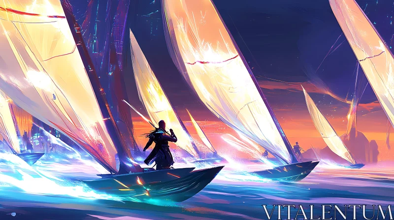 Fantastical Sunset Sailing Scene AI Image