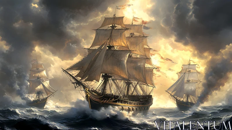 Sailing Ships in a Stormy Ocean Landscape