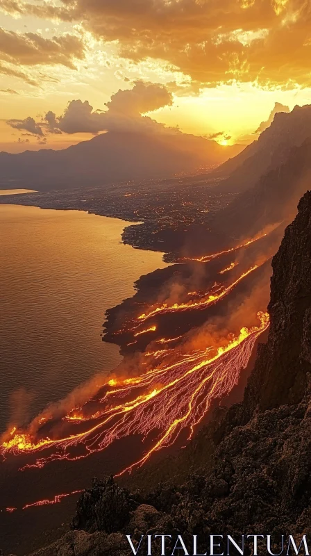 AI ART Sunset Volcanic Eruption Near Coastline