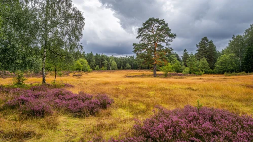 Peaceful Landscape of Heather and Trees