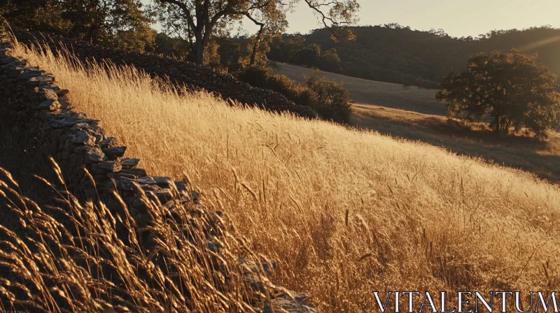 Sunset Over Golden Meadow with Stone Wall