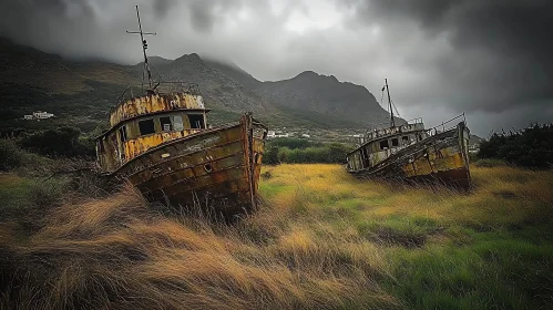 Old Abandoned Boats in a Cloudy Meadow