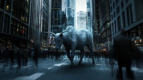 Surreal Bull in Cyber Cityscape