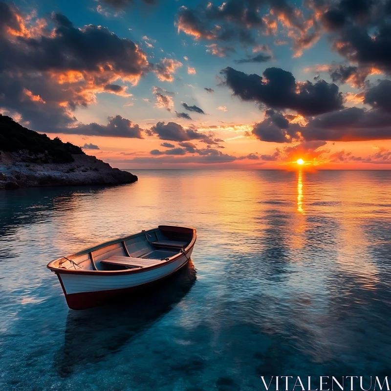 AI ART Sunset Boat on Calm Sea