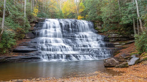 Serene Forest Waterfall Amidst Autumn Foliage