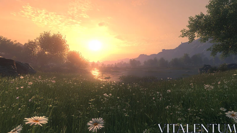 AI ART Daisies at Sunset in a Serene Landscape