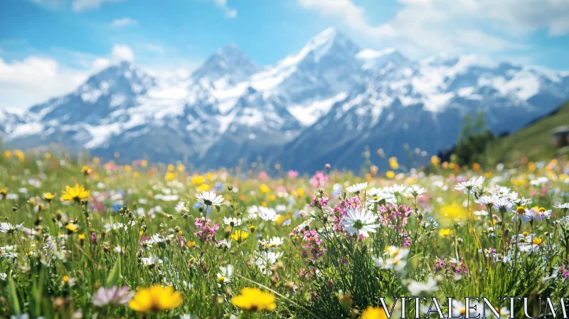 Alpine Meadow in Full Bloom with Mountain Scenery AI Image