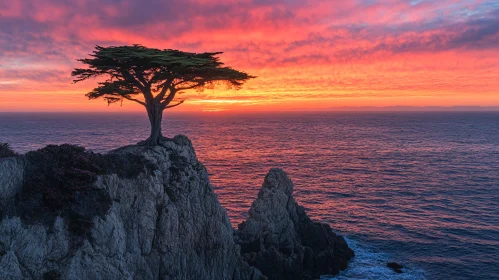 Solitary Tree at Sunset on Ocean Cliff