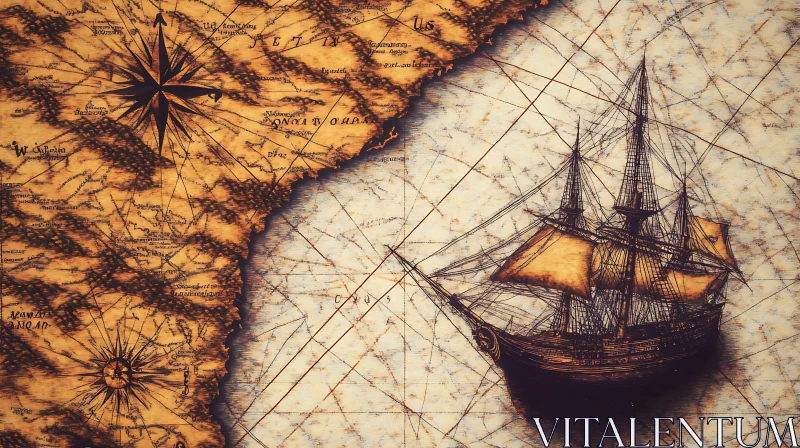 AI ART Vintage Exploration Map with Sailing Vessel