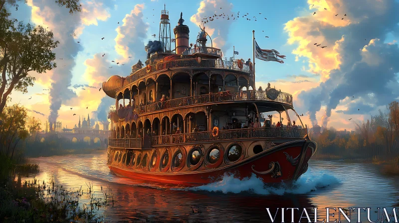 Majestic Steamboat Journey in Vibrant Sunset AI Image