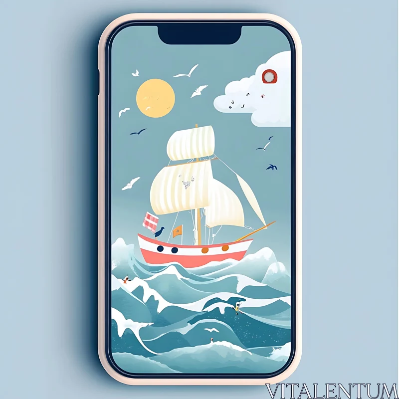 AI ART Charming Sailboat Illustration on Phone