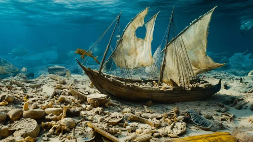 Sunken Sailboat Amongst Ocean Artifacts