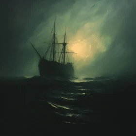 Enigmatic Ship on a Foggy Night Ocean