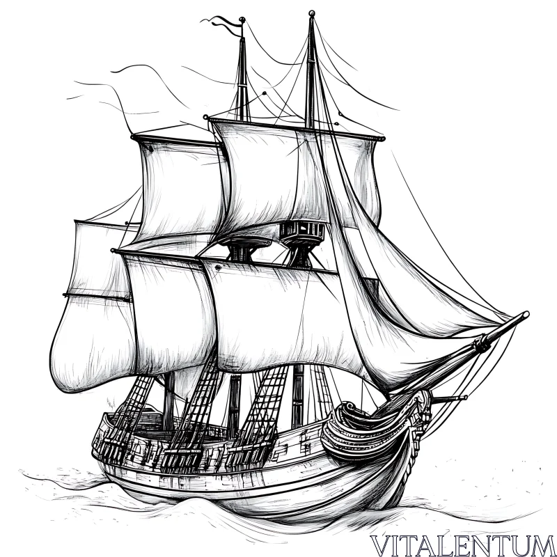 Black and White Drawing of a Classic Maritime Vessel